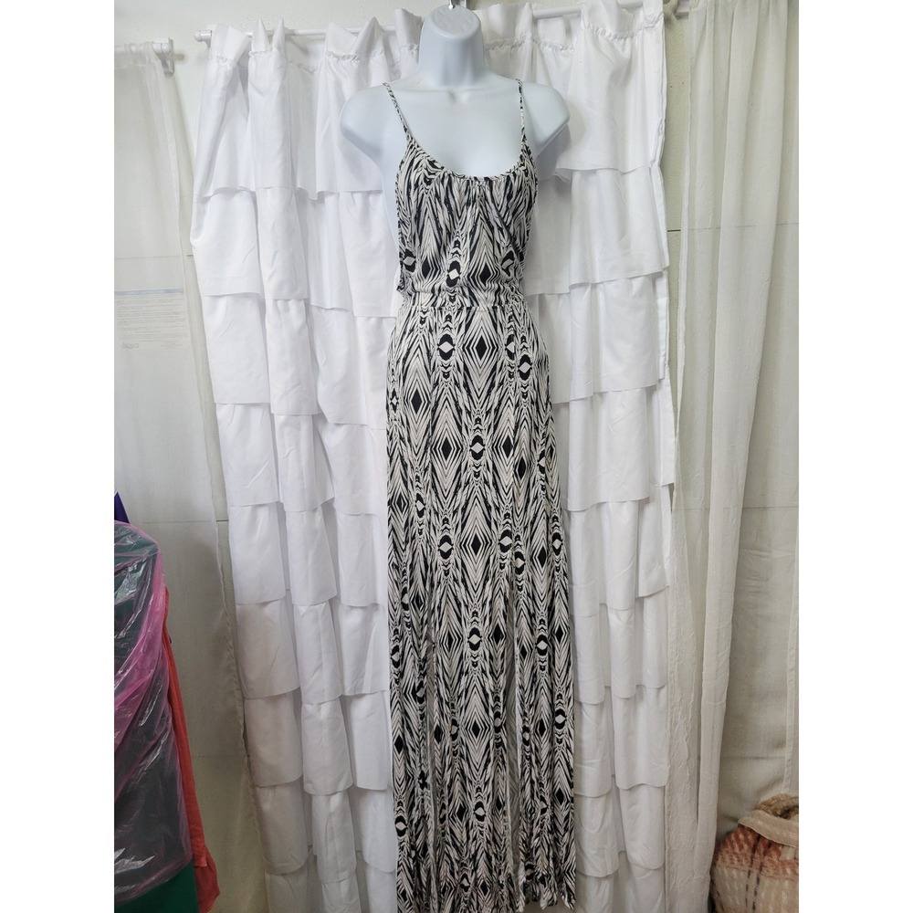 Volcom Womens Black White Geometric Diamond Maxi Dress Slit Backless Medium 1401